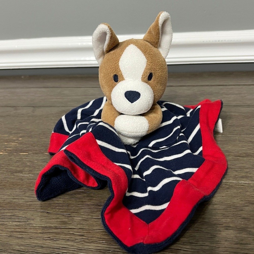 Gymboree Corgi Puppy Dog Baby Blanket Lovey Navy Red White Stripes